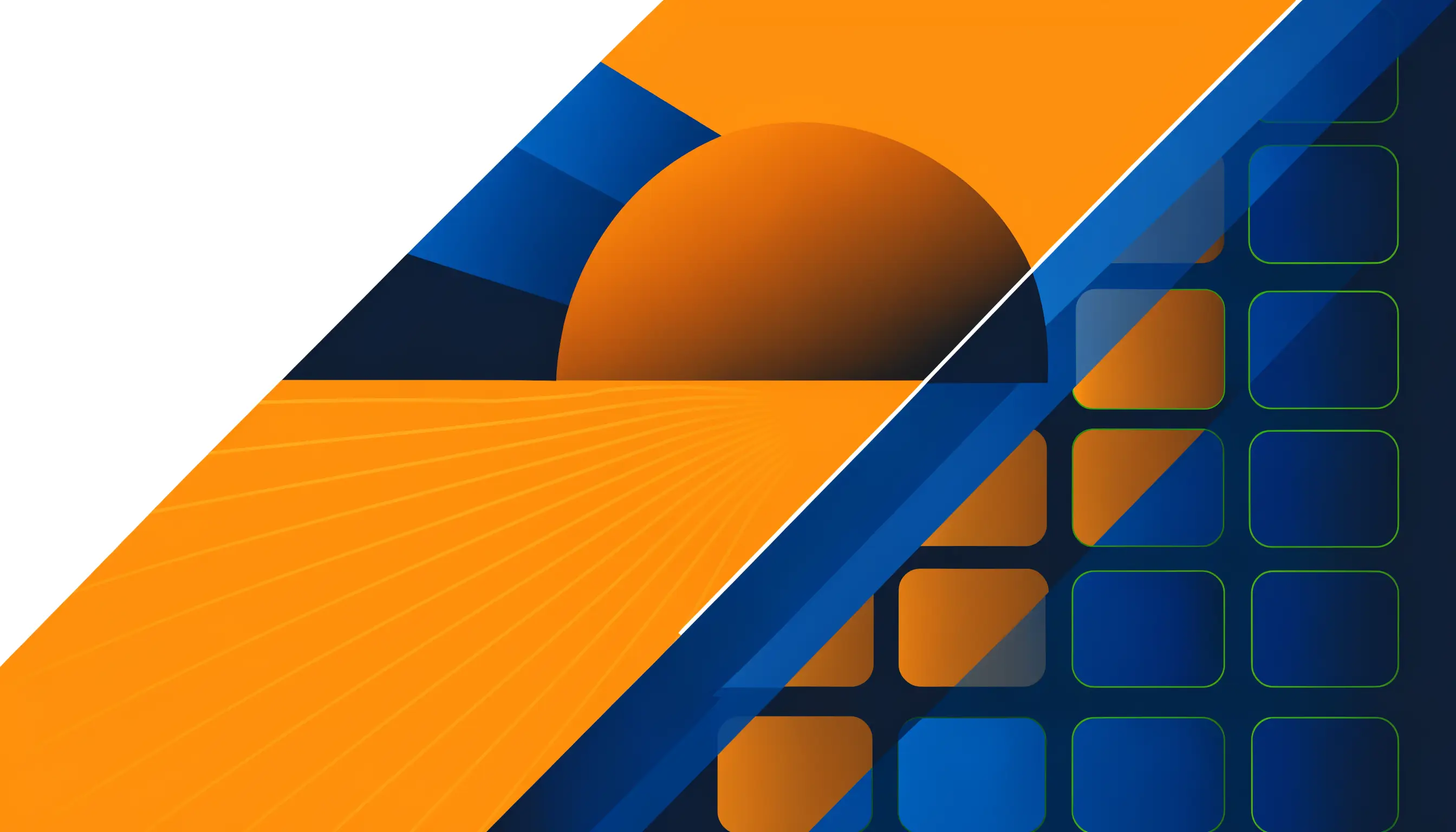 Abstrakte geometrische Darstellung eines Solarparks mit Solarpanel-Raster und Sonnenstrahlen