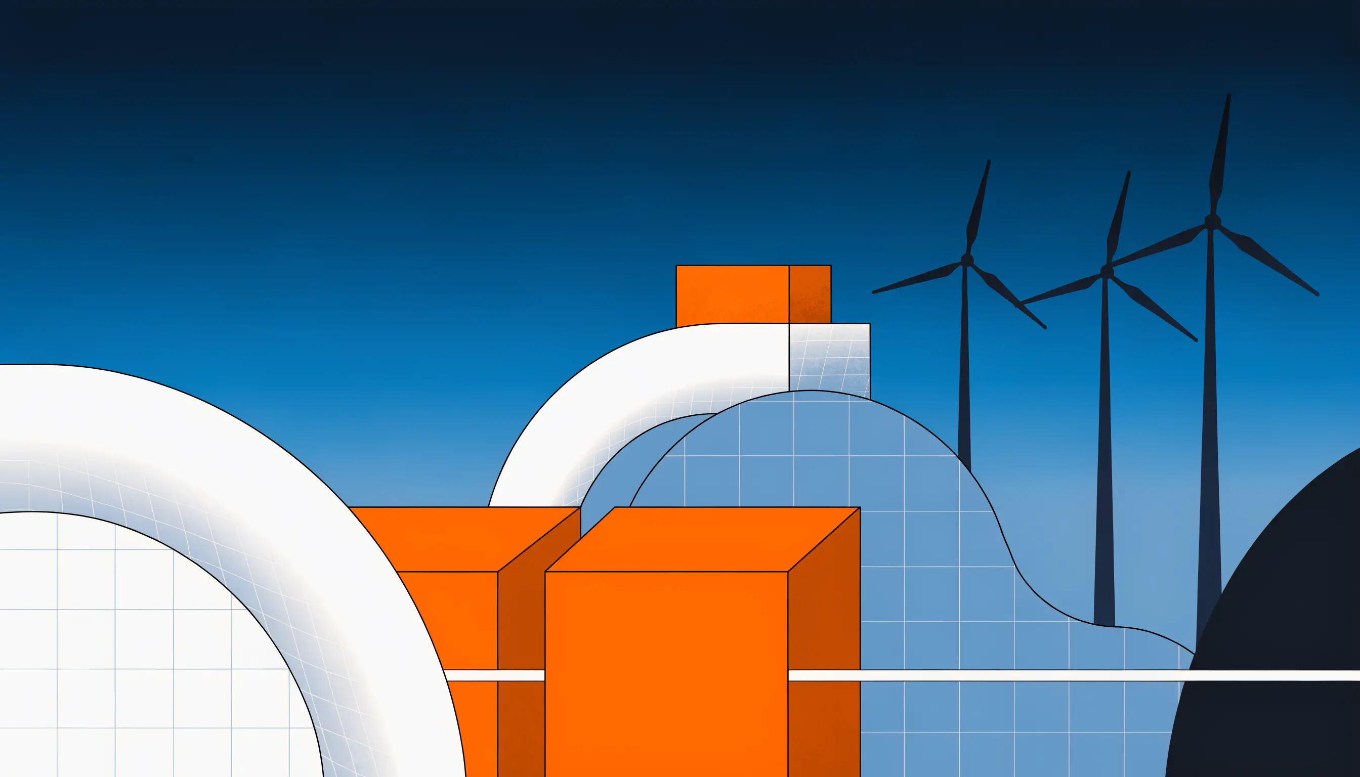 Abstrakte geometrische Darstellung einer Windenergie-Landschaft mit Windturbinen-Silhouetten