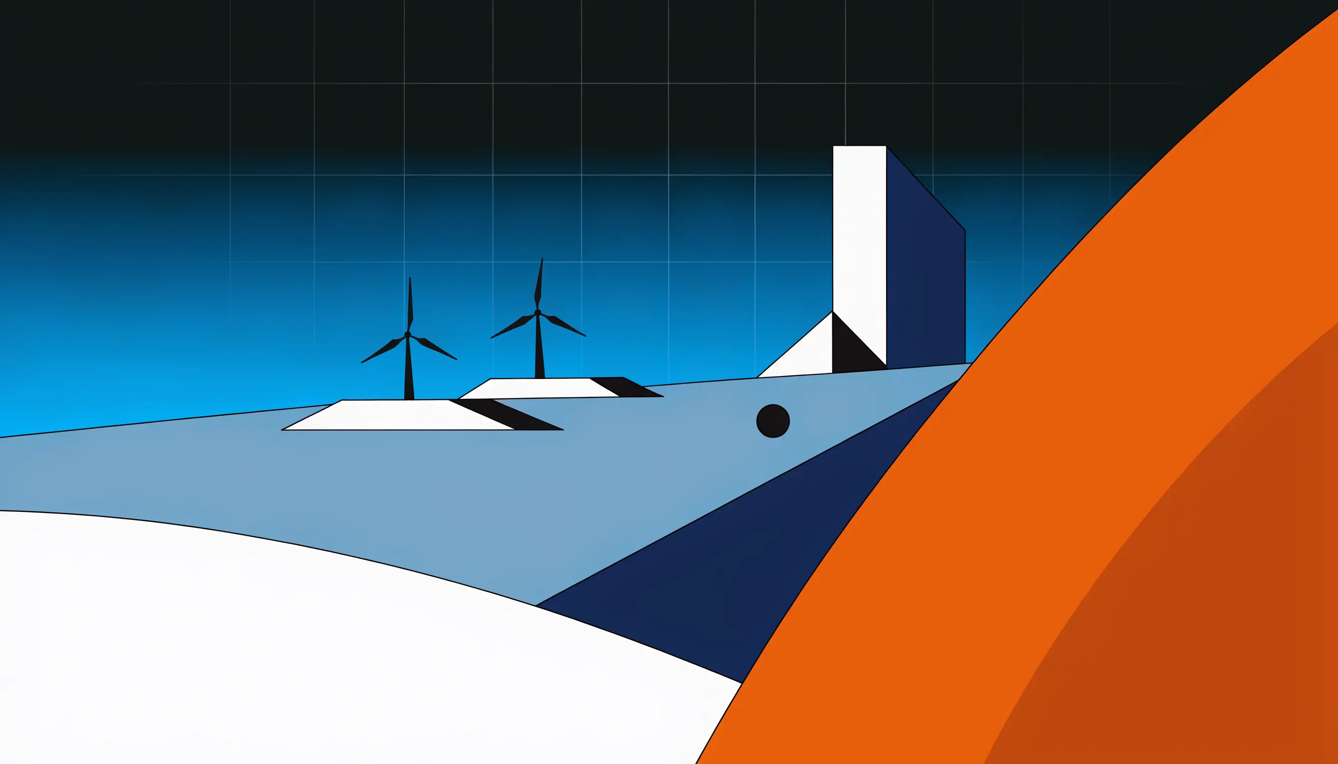Abstrakte geometrische Landschaft mit Windturbinen — Genehmigungsverfahren